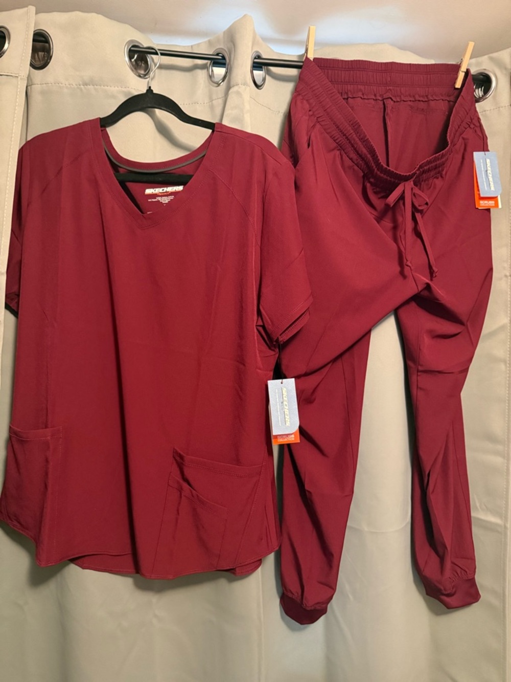 Skechers Maroon V-Neck Scrub Top and Jogger Pants Set